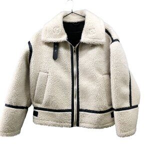 Zara Fleece Biker Jacket Womens S Ivory Faux Shearling Oversized Aviator